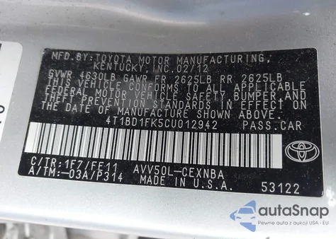 2012 Toyota Camry Hybrid Le z USA, uszkodzony, nr VIN 4T1BD1FK5CU012942